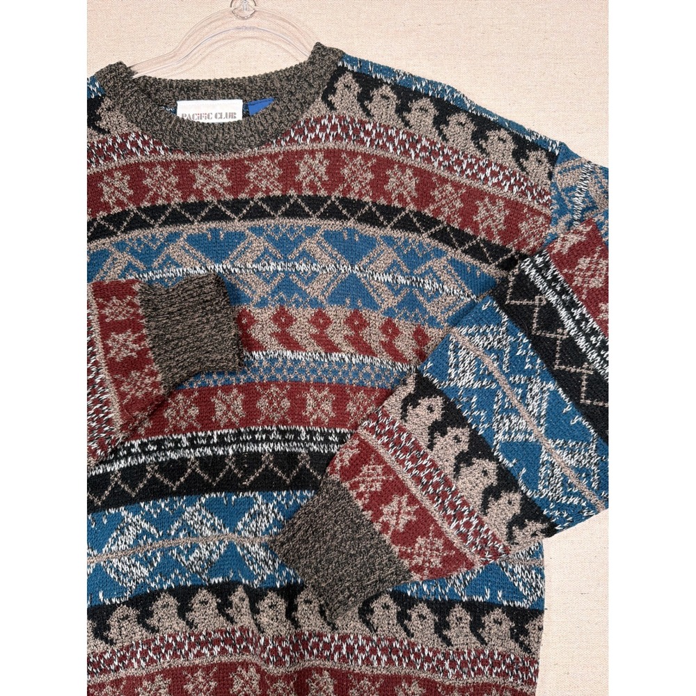 Vintage Pacific Club by NAK Geometric Fair Isle Knit Crewneck Sweater Multi L